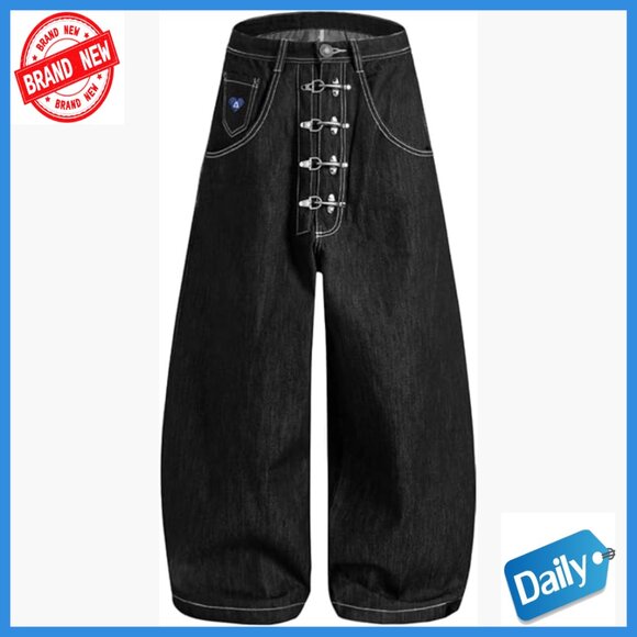 Metal Button Raw Barrel Jeans Baggy Wide Leg Denim Pants Unisex Streetwear